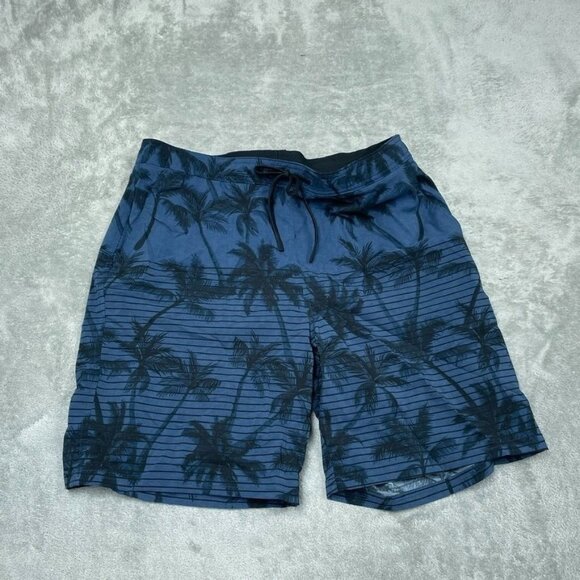 Kirkland Signature Mens Swim Shorts Medium Palm Print Blue Black a0208 - Picture 1 of 8